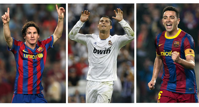 Los jugadores del Barcelona Lionel Messi (i) y Xavi Hernández (d) y el del Real Madrid Cristiano Ronaldo son los tres candidatos al Balón de Oro 2011. Foto: EFE