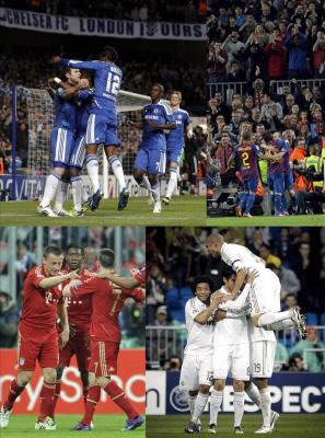 Los triunfos del Real Madrid (abajo, d) ante el Apoel (5-2) y del Chelsea (arriba, i) sobre el Benfica (2-1) definieron hoy los emparejamientos de semifinales. Foto: EFE