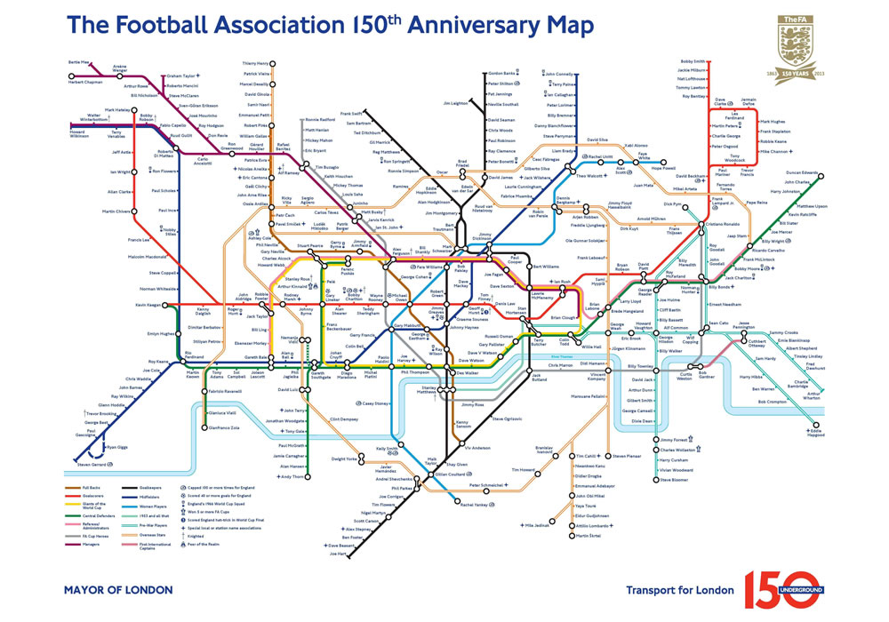 Foto cedida por TFL del mapa del metro de Londres que se viste de fútbol por el 150 aniversario de la Federación Inglesa (FA). Foto: EFE