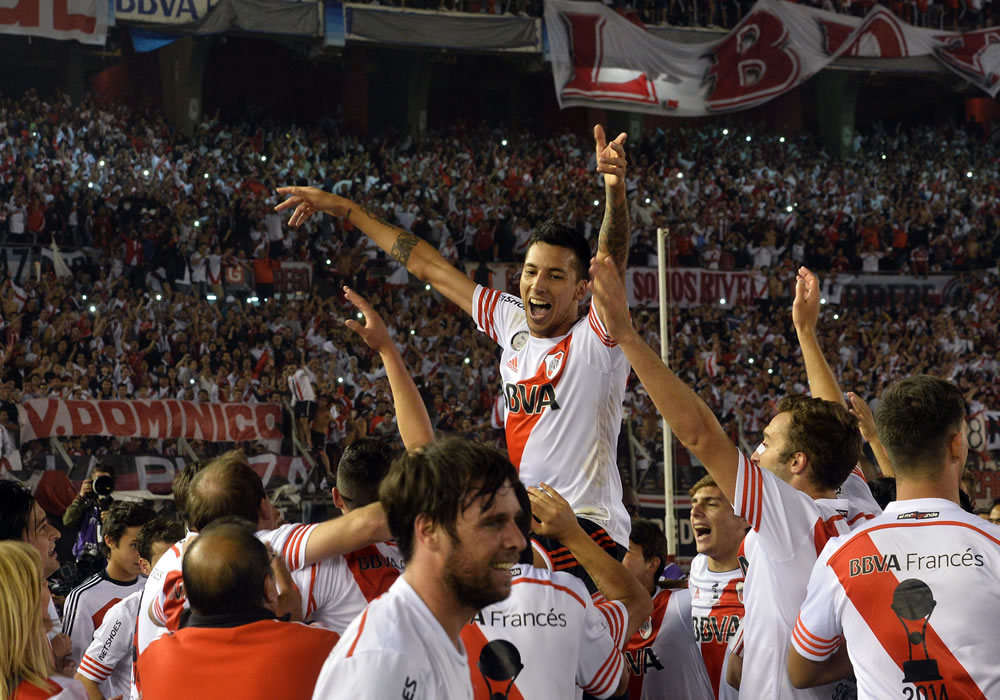 Jugadores de River Plate festejan tras vencer 2-0 a Atlético Nacional durante la final de la Copa Sudamericana. Foto: EFE