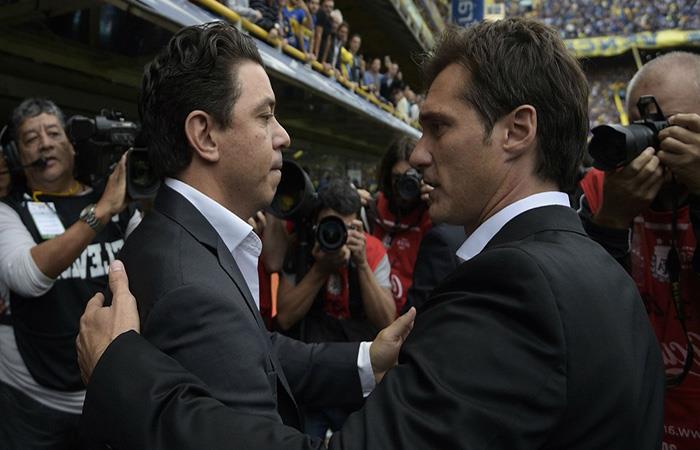 Gallardo y Guillermo en el último Superclásico jugado en La Bombonera. Foto: AFP