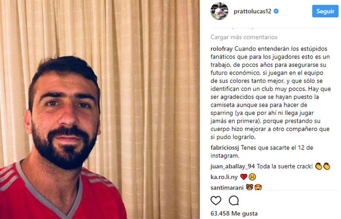 Lucas Pratto se expresa a través de su cuenta de Instagram ya siendo jugador de River. Foto: Instagram