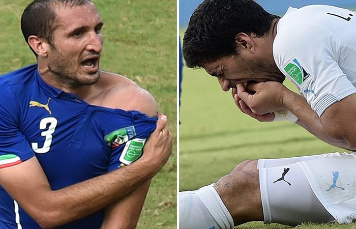 Giorgio Chiellini y Luis Suárez durante el momento más bochornoso del Mundial de Brasil. (AFP). Foto: AFP